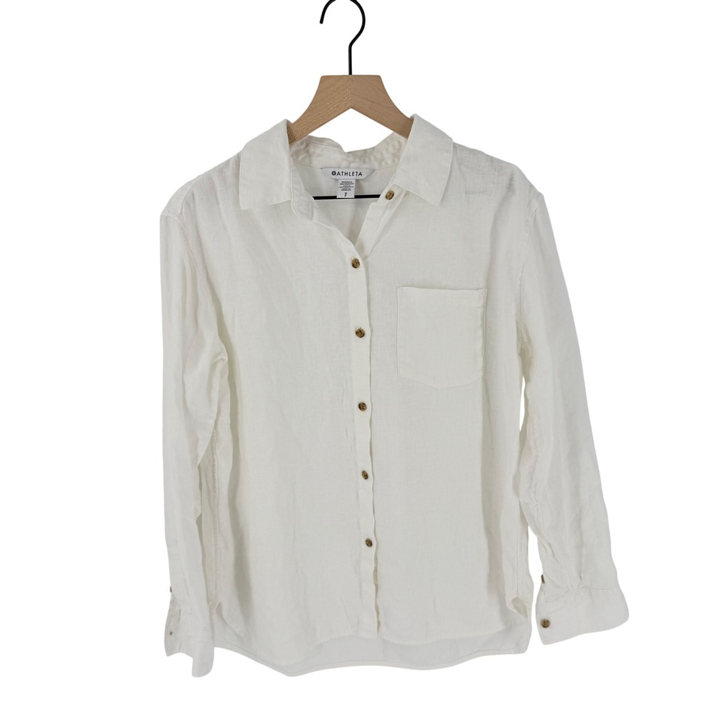 Athleta Button Up Shirt White Small Linen Long Sleeve Coastal Beachy Breezy